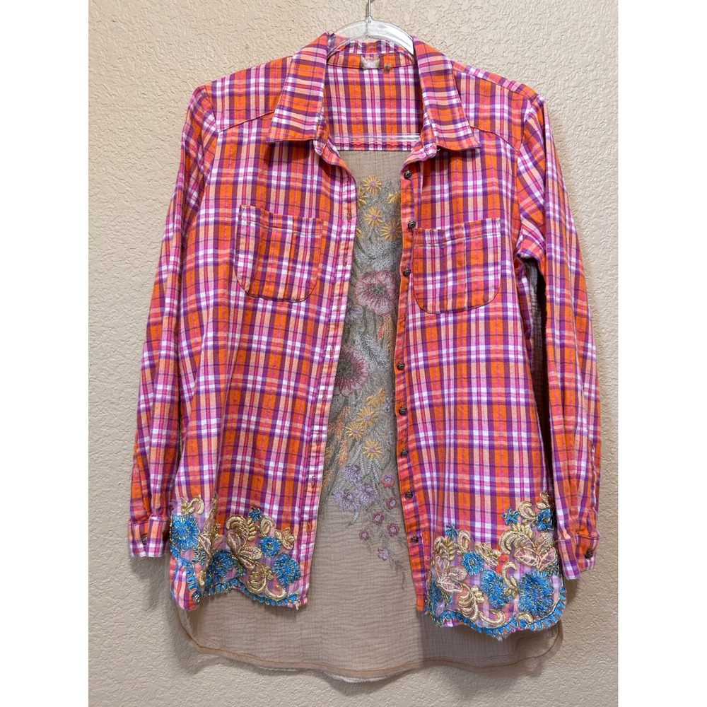 Aratta Small Plaid Embroidered Floral Gauze Back Shirt Orange blue Boho Western